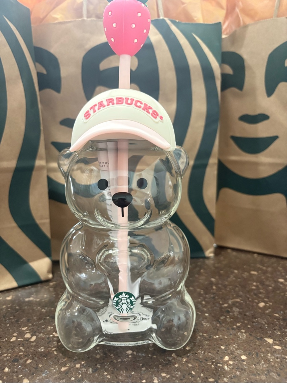 Starbucks Glass Bearista Bear Cup Strawberry Straw & Hat 20oz - Picture 7 of 9